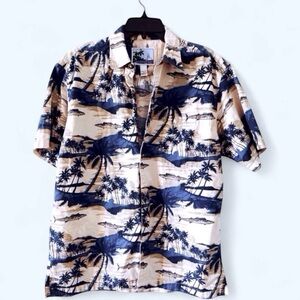 Vintage AFTCO Bluewater Hawaiian Shirt Medium USA Made Tropical Fishing Print